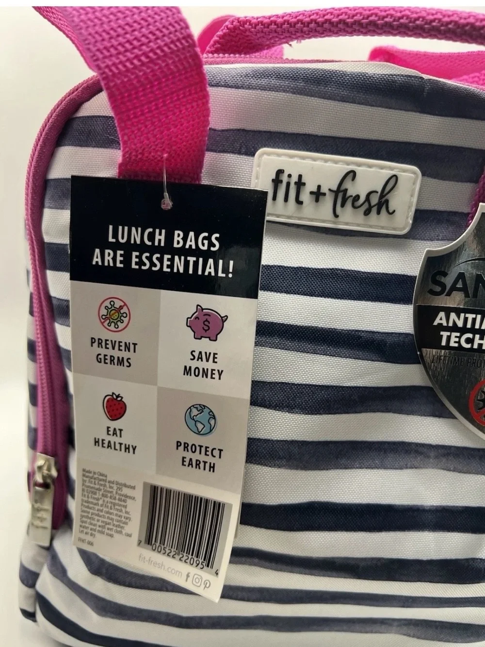 NEW Fit + Fresh Striped Lunch Tote Bag Antimicrobial w/ Snack Container